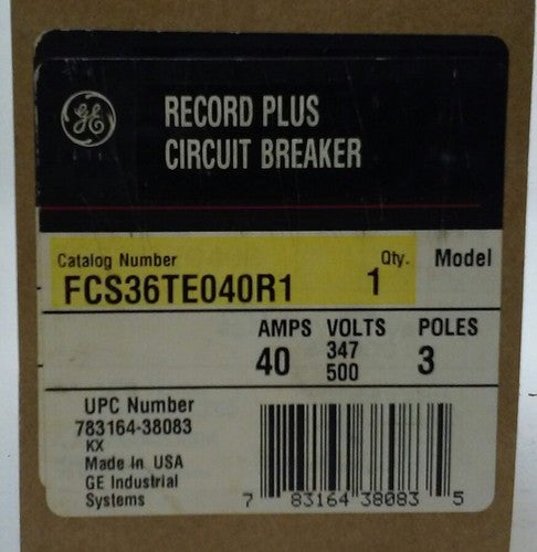 GENERAL ELECTRIC FCS36TE040R1, RECORD PLUS CIRCUIT BREAKER- 40A, 347/500V,FCS361
