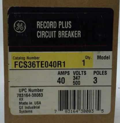 GENERAL ELECTRIC FCS36TE040R1, RECORD PLUS CIRCUIT BREAKER- 40A, 347/500V,FCS361