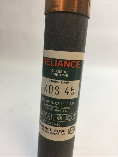  BRUSH/RELIANCE KOS45 CLASS K5 ONE TIME FUSE 45AMP 600VAC (BOX OF 10)2