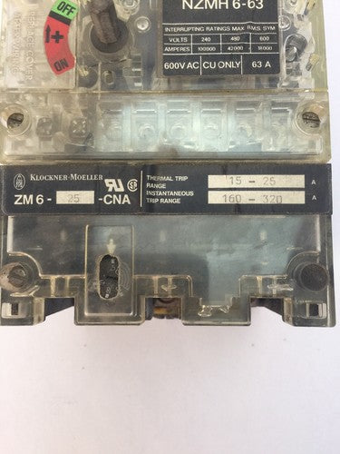 KLOCKNER MOELLER NZMH6-63 CIRCUIT BREAKER 600VAC 63A ZM6-25-CNA THERMAL TRIP 2