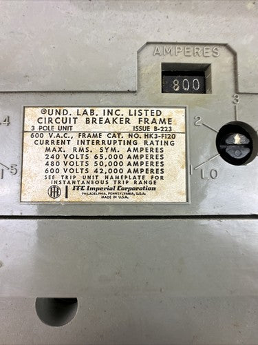 ITE HK3-F120 3POLE 600VAC CIRCUIT BREAKER FRAME HK3B800 800AMP TRIP UNIT1