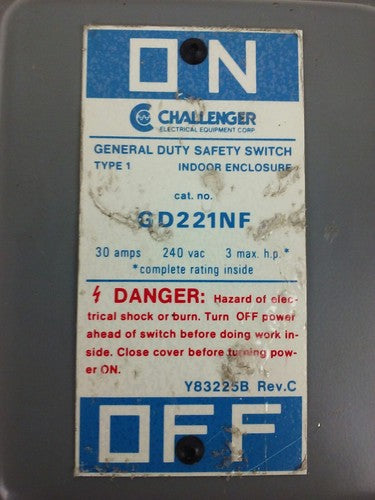 CHALLENGER GD221NF, 30A, 240V, 3 MAX H.P., TYPE 1 INDOOR, SAFETY SWITCH, NEW1