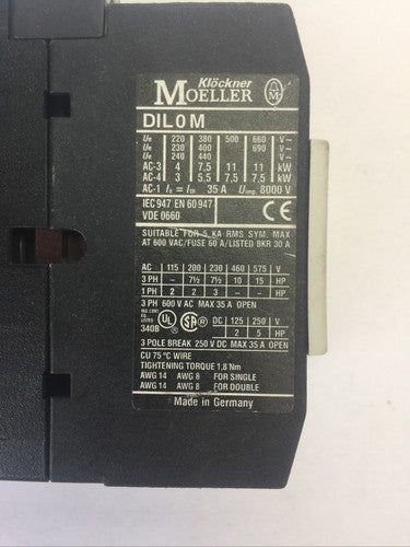 KLOCKNER MOELLER STARTER DIL 0M CONTACTOR 3POLE 250VDC 35A 15HP COIL 240V 60HZ1