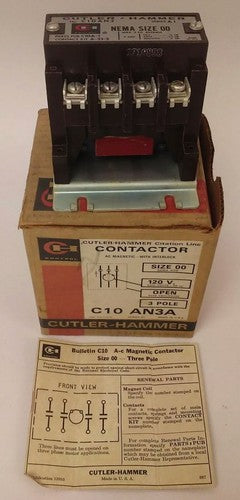 CUTLER HAMMER C10AN3A MAGNETIC CONTACTOR W/O INTERLOCK, 120V 60HZ COIL, C10AN30