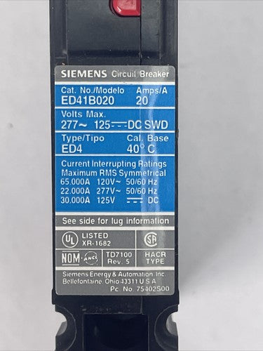 SIEMENS ED41B020 CIRCUIT BREAKER 20AMP 277VAC 125VDC 1POLE (LOT OF 3)2