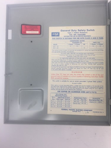 FPE H3632SN FUSIBLE SAFETY SWITCH 240VAC 250VDC 60AMP 15HP 3PH 3 POLE TYPE 15