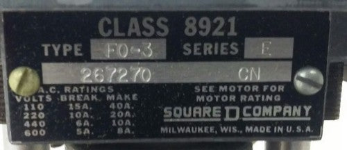 SQ. D CLASS 8921 TYPE FO-3, MOTOR DRIVEN TIMER UNIT 8921-FO3, 208-220/240V, 60HZ3
