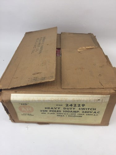 ARROW HART 24229 FUSIBLE HD SWITCH 3SN POLES 100AMP 240VAC 15HP NEMA 1 ENCLOSURE0