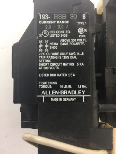 ALLEN BRADLEY 100-A09ND3 CONTACTOR SER B 600VAC 9A W/ 193-BSB30 RELAY 2-3A2