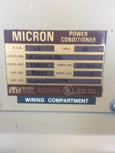 MICRON CVCN1K5KB1519W POWER CONDITIONER 1.5KVA VOLTS PRI. 95-130/190-260 VOLTS 1