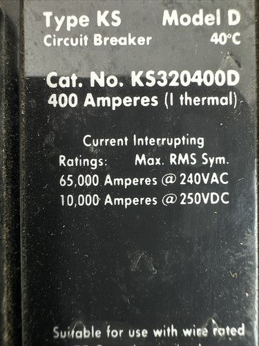 CUTLER HAMMER KS320400D CIRCUIT BREAKER MODEL D 400AMP 240VAC 250VDC 3POLE1