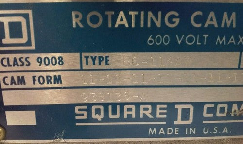 SQUARE D ROTATING CAM LIMIT SWITCH CLASS 9008, TYPE RC-114AW, SER. FOL-2, 600V2