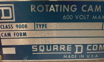 SQUARE D ROTATING CAM LIMIT SWITCH CLASS 9008, TYPE RC-114AW, SER. FOL-2, 600V2
