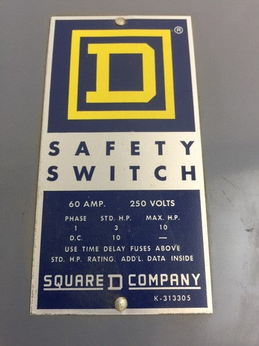 SQUARE D H322A FUSIBLE SAFETY SWITCH SERIES A2 240VAC 250VDC 60AMP 10HP 3 POLE1