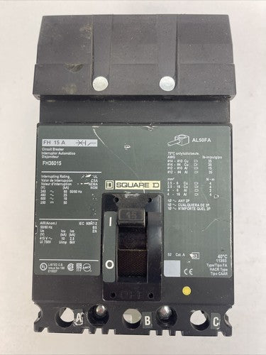 SQUARE D FH36015 CIRCUIT BREAKER 600VAC 250VDC 15AMP 3POLE0