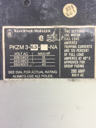 KLOCKNER MOELLER PKZM 3-6,3-U-NA 600VAC 40HP MANUAL MOTOR STARTER 3.5-6.0A1