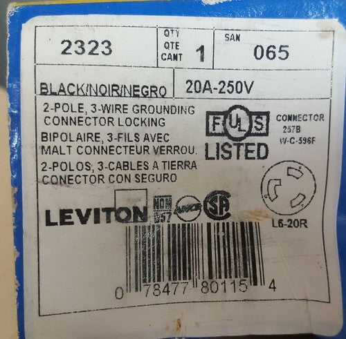 LEVITON 2323  TWIST LOCK  2pole-3wire Black 20A-250V IN BOX1