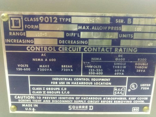 SQUARE D 9012 GAR1 - ELECTROMECHANICAL PRESSURE SWITCH - NEW SURPLUS0