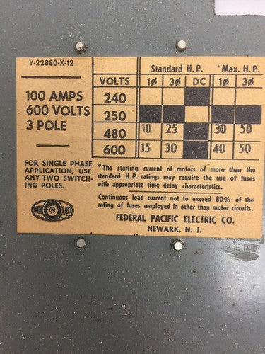 Federal Pacific QMQB-1036 100A 600VAC Panelboard Switch 30HP3