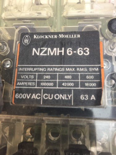 KLOCKNER MOELLER NZMH6-63 CIRCUIT BREAKER 600VAC 63A ZM6-40-CNA THERMAL TRIP 1