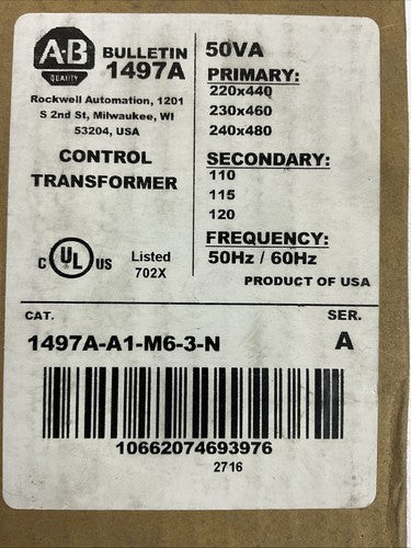 ALLEN BRADLEY 1497A-A1-M6-3-N CONTROL TRANSFORMER PRI 240x480 SEC 120 50VA1