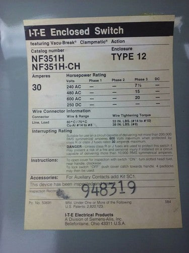 ITE SIEMENS NF351H SAFETY SWITCH, TYPE 12, 30A, 600V, 3P, NF351H-CH, NEW 3