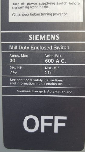 Siemens F351M Enclosed Switch - New No Box 30a 600v Enclosure 3,3R, 121