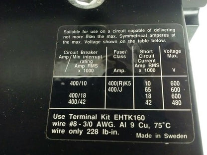 ABB EH160 CONTACTOR, 3PH, 3P BREAKING, 600V, 50-150H.P., 190A, CHIP PLASTIC9