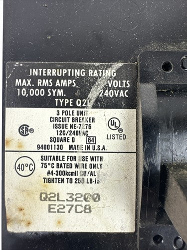 SQUARE D Q2L3200 CIRCUIT BREAKER 200AMP 120/240VAC 3POLE TYPE Q2L1