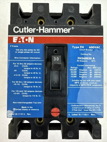 EATON CUTLER HAMMER FH360030A CIRCUIT BREAKER 30AMP 3POLE 600VAC0