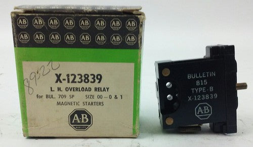 ALLEN BRADLEY X-123839 TYPE B, L.H. OVERLOAD RELAY, BUL 709 SP, SIZE 00-0 & 1, 0