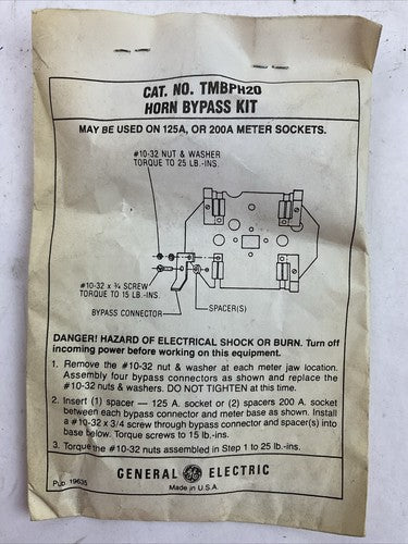 GE TMBPH20 HORN BYPASS KIT MAY BE USED ON 125A OR 200A METER SOCKETS0