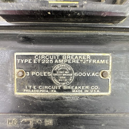 ITE ET5917 CIRCUIT BREAKER 225A 600VAC 3POLE TYPE ET 225 AMP "J" FRAME1