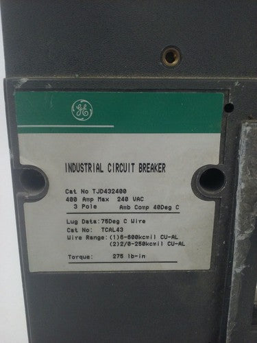 GENERAL ELECTRIC TJD432400 CIRCUIT BREAKER TRIP UNIT 400A 240VAC/250VDC 3P 22KA1