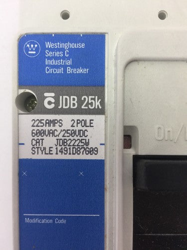 WESTINGHOUSE JDB2225W INDUSTRIAL CIRCUIT BREAKER SER C 225A 2P 600VAC 250VDC3