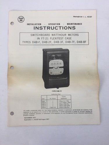 WESTINGHOUSE D4B-2FM KILOWATTS METER 120V 3W 20CLASS 280C209G01 2.5TA 1.2Kh9