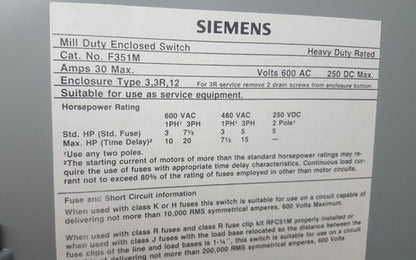 Siemens F351M Enclosed Switch - New No Box 30a 600v Enclosure 3,3R, 124