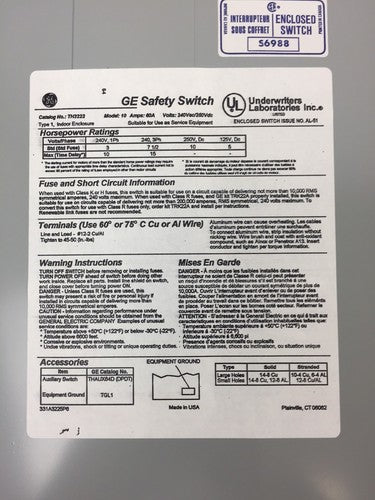 GE TH3222 HEAVY DUTY FUSIBLE SAFETY SWITCH 60AMPS 240VAC 250VDC 15HP 2P MODEL 105