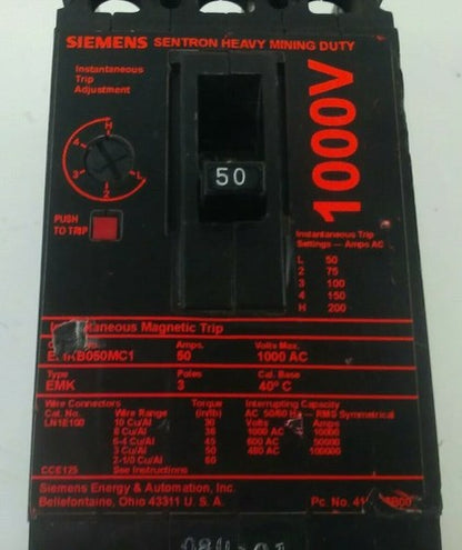SIEMENS EMKB050MC1 SENTRON HEAVY MINING DUTY BREAKER 50A 1000VAC 3P TYPE EMK1