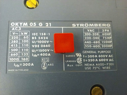 STROMBERG OKYM-05G21, CONTACTOR, 3PH, 600V, 200HP, 350A, 160KW, 125V COIL, USED1