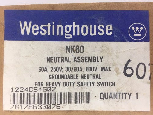 WESTINGHOUSE NK60 NEUTRAL ASSEMBLY 60A 250V; 30/60A 600V MAX GROUNDABLE NEUTRAL0