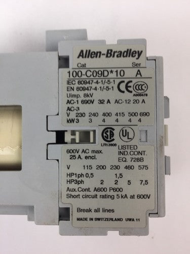 ALLEN BRADLEY 100-C09D*10 CONTACTOR 600VAC 25A COIL 24VDC1