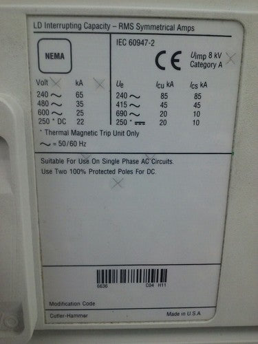 CUTLER HAMMER LD4600V CIRCUIT BREAKER 600A 600VAC 250VDC 3P LT4600TV TRIP UNIT2