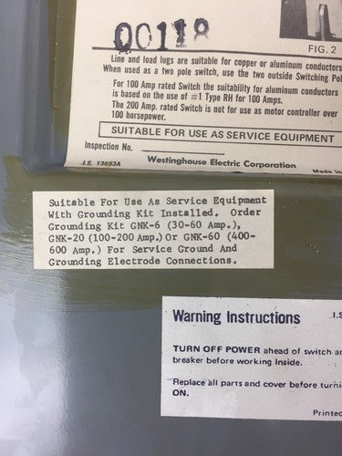 WESTINGHOUSE JHU221 HEAVY DUTY SAFETY SWITCH 240 VAC 250 VDC 30 AMP6