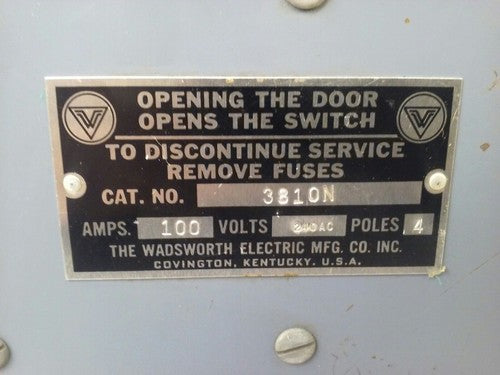 WADSWORTH 3810N FUSIBLE SERVICE DISCONNECT 3PH 4 WIRE 100A 120/240VAC 2