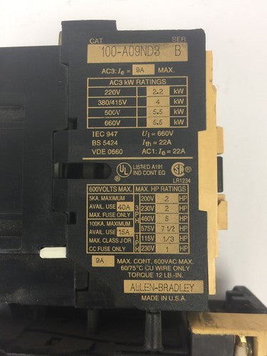 ALLEN BRADLEY 100-A09ND3 CONTACTOR SER B 600VAC 9A W/ 193-BSB30 RELAY 2-3A1
