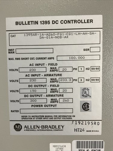 ALLEN BRADLEY 1395AR-1A-A260-FG1-CG1-LH-AH-SA-DA-G1A-NOB-AX DC DRIVE CONTROLLER1