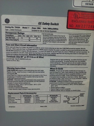 GE TH4324 MODEL 7 FUSIBLE SAFETY SWITCH 3P 200A 240V 60 TYPE 1 INDOOR ENCLOSURE2