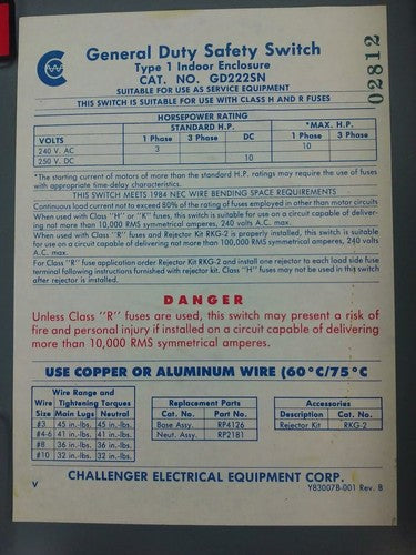 CHALLENGER GD222SN, SAFETY SWITCH, 60A, 240V, SINGLE PHASE FUSIBLE, 10 H.P. NEW 3