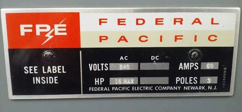 FPE 1632 TYPE A FUSIBLE SAFETY SWITCH 3P, 60A, 240VAC, 4 WIRE, 3 BLADES,7 1/2HP 2